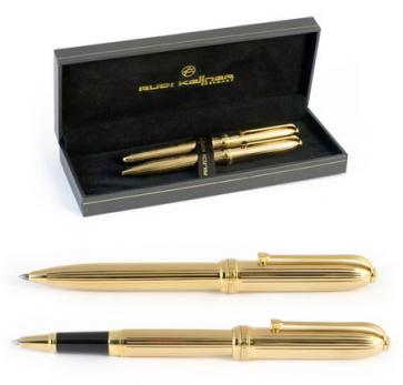 Набор подарочный Rudi Kellner Flair GOLDEN RUSH, шариковая ручка и роллер, корпус золотистый металл, линованный